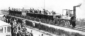 Locomotion No. 1 hauling a replica train of chaldron wagons at the Railway Centenary celebrations