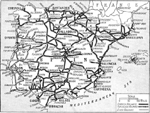 THE CHIEF ROUTES of the railways of Spain and Portugal are indicated on this map