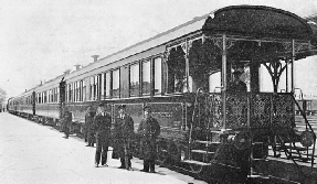 A luxury train containing sleeping cars at the station of Harbin, in the State of Manchukuo