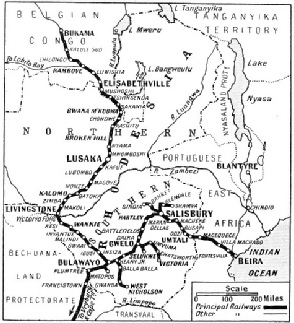 THE RAILWAYS SERVING RHODESIA are shown on this map